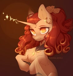 Size: 1143x1200 | Tagged: safe, artist:avroras_world, oc, oc only, pony, unicorn, bust, ear piercing, earring, female, gradient background, hooped earrings, horn, jewelry, mare, necklace, piercing, signature, solo