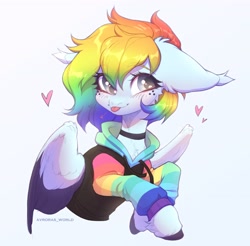Size: 3200x3150 | Tagged: safe, artist:avroras_world, oc, oc only, oc:virya, pegasus, pony, bust, choker, clothes, eye clipping through hair, eyebrows, eyebrows visible through hair, female, floating heart, floppy ears, freckles, gradient background, heart, hoodie, mare, multicolored hair, not rainbow dash, rainbow hair, solo, tongue out, unshorn fetlocks