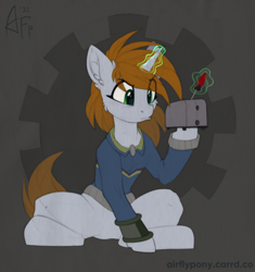 Size: 1126x1200 | Tagged: safe, artist:airfly-pony, oc, oc only, oc:littlepip, pony, unicorn, fallout equestria, 2021, brown mane, clothes, digitally colored, fallout, female, gears, gray background, green eyes, horn, jumpsuit, light skin, looking at something, magic, magic aura, pipboy, pipbuck, reward, screwdriver, simple background, sitting, solo, stable (vault), toaster, toaster repair pony, traditional art, uniform, vault suit