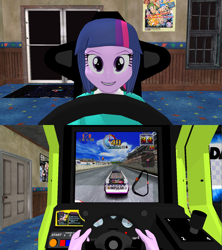 Size: 1366x1536 | Tagged: safe, artist:ardoplasma41, twilight sparkle, equestria girls, g4, 3d, alternate hairstyle, arcade, arcade cabinet, arcade game, clothes, daytona usa, daytona usa 2, gamer twilight, mmd, phantom full force, shirt, steering wheel, sweater