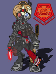 Size: 750x1000 | Tagged: safe, artist:devorierdeos, oc, oc only, oc:agate morrow, pony, unicorn, fallout equestria, armor, axe, bipedal, blue eyes, brown mane, engineer, exoskeleton, firefighter axe, horn, respirator, scrunchie, simple background, solo, steel ranger, steel ranger emblem, steel ranger scribe, technology, unicorn oc, weapon, yellow coat