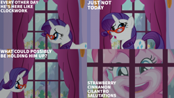 Size: 2000x1125 | Tagged: safe, edit, edited screencap, editor:quoterific, screencap, pinkie pie, rarity, canterlot boutique, g4, carousel boutique, glasses, ponyville, rarity's glasses, window