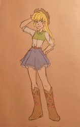Size: 1296x2048 | Tagged: safe, artist:dariarchangel, applejack, human, equestria girls, g4, arm behind head, boots, clothes, female, human coloration, humanized, shirt, shoes, skirt, solo, traditional art