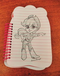 Size: 1640x2048 | Tagged: safe, artist:dariarchangel, applejack, human, g4, boots, chibi, clothes, denim, female, humanized, jeans, lined paper, monochrome, pants, shirt, shoes, sketch, solo, traditional art
