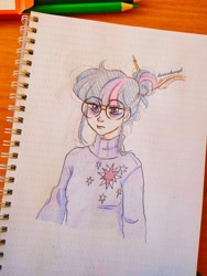 Size: 1536x2048 | Tagged: safe, artist:dariarchangel, twilight sparkle, human, g4, clothes, cutie mark on clothes, female, glasses, hair bun, humanized, pencil, round glasses, solo, sweater, tired, traditional art, turtleneck