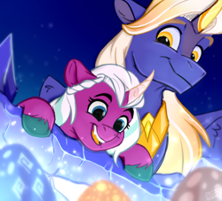 Size: 1200x1091 | Tagged: safe, artist:rutkotka, opaline arcana, oc, alicorn, pony, g5, amazed, brother and sister, colored hooves, curved horn, cute, dragon egg, duo, egg, female, filly, filly opaline arcana, fire alicorn, foal, horn, looking at someone, looking at something, male, opalinebetes, open mouth, open smile, siblings, smiling, stallion, unshorn fetlocks, younger