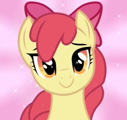 Size: 1461x1387 | Tagged: safe, artist:wolfbreezerose, apple bloom, earth pony, pony, g4, abstract background, alternate hairstyle, female, filly, foal, looking at you, smiling, smiling at you, solo, sparkles