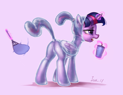 Size: 1856x1425 | Tagged: safe, artist:iuth, edit, twilight sparkle, alicorn, pony, g4, /mlp/ latex requests, alternate hairstyle, bondage, bound wings, butt, dock, drink, encasement, fan, featureless crotch, female, hand fan, hot, latex, latex suit, magic, mare, plot, ponytail, pun, sweat, tail, telekinesis, visual pun, wings