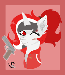 Size: 8320x9548 | Tagged: safe, alternate version, artist:samsailz, oc, oc:red rocket, pony, unicorn, bruised, bust, clothes, commission, cosplay, costume, gun, handgun, horn, jacket, left 4 dead, left 4 dead 2, looking at you, magic, one eye closed, pistol, portrait, red eyes, smiling, tracksuit, weapon, wink, winking at you