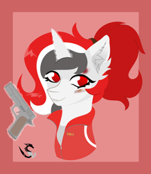 Size: 8320x9548 | Tagged: safe, alternate version, artist:samsailz, oc, oc:red rocket, pony, unicorn, bruised, bust, clothes, commission, cosplay, costume, eyes open, gun, handgun, horn, jacket, left 4 dead, left 4 dead 2, looking at you, magic, pistol, portrait, red eyes, smiling, tracksuit, weapon