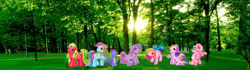 Size: 730x203 | Tagged: safe, edit, applejack (g3), fluttershy (g3), master kenbroath gilspotten heathspike, pinkie pie (g3), rainbow dash (g3), rarity (g3), twilight twinkle, pony, g3, irl, photo, ponies in real life, remake