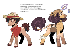 Size: 1312x894 | Tagged: safe, artist:pcktknife, earth pony, pony, unicorn, cloven hooves, glowing, glowing horn, hat, horn, male, monkey d. luffy, one piece, ponified, simple background, stallion, straw hat, usopp, white background