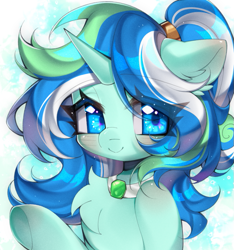 Size: 635x677 | Tagged: safe, oc, oc only, oc:mistuha, pony, unicorn, chest fluff, eye clipping through hair, female, horn, mare, smiling, solo, underhoof