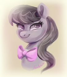 Size: 478x550 | Tagged: safe, artist:avui, octavia melody, earth pony, pony, g4, bowtie, brown background, bust, colored pinnae, eyebrows, eyebrows visible through hair, eyelashes, female, looking up, mare, signature, simple background, smiling, smug, solo