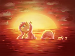 Size: 2000x1500 | Tagged: safe, artist:avui, fluttershy, pegasus, pony, g4, cloud, crepuscular rays, digital art, female, flowing mane, flowing tail, green eyes, mare, ocean, open mouth, pink mane, pink tail, signature, sky, solo, sun, sunlight, sunset, swimming, tail, water, wet