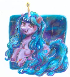 Size: 1779x1964 | Tagged: safe, artist:avui, izzy moonbow, pony, unicorn, g5, bracelet, chest fluff, colored hooves, female, friendship bracelet, horn, jewelry, looking at you, mare, open mouth, open smile, passepartout, smiling, smiling at you, solo, stars, traditional art, unshorn fetlocks