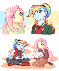 Size: 832x1000 | Tagged: safe, artist:cally_fox, fluttershy, rainbow dash, human, rabbit, equestria girls, g4, animal, clothes, duo, duo female, ear piercing, earring, eye clipping through hair, eyebrows, eyebrows visible through hair, female, hand on cheek, jacket, jewelry, lesbian, long sleeves, midriff, necklace, pants, piercing, plaid skirt, ponytail, ship:flutterdash, shipping, sitting, skirt, vest, watch, wristwatch