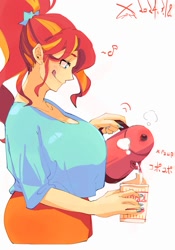 Size: 1400x2000 | Tagged: safe, artist:sozglitch, sunset shimmer, human, equestria girls, g4, alternate hairstyle, big breasts, breasts, busty sunset shimmer, cup noodles, electric kettle, female, huge breasts, japanese, katakana, kettle, licking, licking lips, music notes, onomatopoeia, ponytail, profile, simple background, smiling, solo, tongue out, white background