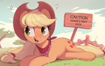 Size: 3050x1906 | Tagged: safe, artist:nookprint, applejack, earth pony, pony, g4, apple, applejack's hat, bandana, cloud, cowboy hat, cute, female, fence, food, freckles, grass, hat, high res, jackabetes, lying down, mare, neckerchief, on side, open mouth, open smile, sign, sky, smiling, solo, sparkles, tree