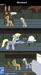 Size: 1920x3516 | Tagged: safe, artist:platinumdrop, derpy hooves, doctor whooves, time turner, earth pony, pegasus, pony, comic:dismissed, g4, 3 panel comic, alternate timeline, blueprint, bowtie, clothes, comic, commission, crying, despair, dialogue, doctor whooves' lab, dumped, duo, duo male and female, ears back, female, female pov, fired, floppy ears, folded wings, food, frown, hard hat, hat, heartbreak, hooves, indoors, lab, laboratory, looking at someone, looking at something, machine, machinery, male, mare, mouth hold, muffin, offscreen character, offscreen female, open mouth, photo, picture frame, pov, sad, scrunchy face, sitting, speech bubble, stallion, table, talking, tears of sadness, teary eyes, this will not end well, tool, walking, walking away, wings, wings down, wrench