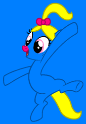 Size: 423x607 | Tagged: safe, artist:bronybase, artist:spitfirethepegasusfan39, earth pony, pony, g4, adult blank flank, base used, belly, bipedal, blank flank, blue background, bow, clothes, female, freckles, hair bow, jumping, little miss, little miss somersault, mare, mr. men, mr. men little miss, open mouth, open smile, pink nose, ponified, ponytail, round belly, simple background, smiling, solo, somersault