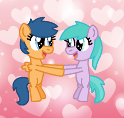 Size: 516x491 | Tagged: safe, artist:katiesworldofponies36, aura (g4), first base, earth pony, pegasus, pony, g4, adorabase, aurabase, aurabetes, best friends, best friends forever, bipedal, blank flank, cute, duo, duo female, female, filly, foal, heart, heart background, holding hooves, lesbian, open mouth, open smile, pegasus first base, race swap, ship:aurabase, shipping, simple background, smiling