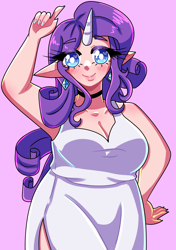 Size: 1850x2633 | Tagged: safe, rarity, human, g4, blushing, breasts, choker, chubby, clothes, cute, dress, ear piercing, earring, elf ears, female, heart, heart eyes, horn, horned humanization, humanized, jewelry, nail polish, piercing, purple background, raribetes, simple background, solo, wingding eyes