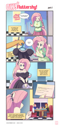 Size: 1080x2250 | Tagged: safe, artist:traupa, fluttershy, oc, pegasus, anthro, unguligrade anthro, comic:ow! fluttershy!, g4, breasts, busty fluttershy, clothes, eyes closed, female, fluttermaid, job, maid, maid cafe, male, offscreen character, speech bubble, waitress