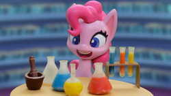 Size: 1920x1080 | Tagged: safe, screencap, pinkie pie, earth pony, pony, g4, g4.5, my little pony: stop motion short, potion party, cute, library, smiling, solo, test tube, twilight's castle, twilight's castle library