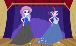 Size: 1280x769 | Tagged: safe, artist:brightstar40k, potion nova, twilight sparkle, human, equestria girls, g4, alternate hairstyle, base used, clothes, dress, duo, equestria girls-ified, female, gala dress, hand on hip, smiling, stage