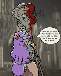 Size: 584x721 | Tagged: safe, artist:jade monsuta, oc, oc:mellow meadow, unicorn, anthro, anthro oc, artificial horn, barbarian, blood, bodypaint, bow, castle, coat markings, curly hair, elden ring, facial markings, female, hair over eyes, highlights, horn, looking back, mealy mouth (coat marking), screenshot background, socks (coat markings), solo, staff, tail, tail bow, tail bun, talking to viewer, unicorn oc, weapon