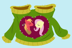 Size: 2160x1440 | Tagged: safe, anonymous artist, big macintosh, fluttershy, earth pony, pegasus, pony, g4, the big mac question, clothes, eyes closed, female, heart, imminent kissing, kissy face, light blue background, male, mare, ship:fluttermac, shipping, simple background, stallion, straight, sweater