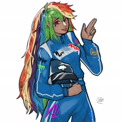 Size: 2048x2048 | Tagged: safe, artist:jonijon_0, rainbow dash, human, g4, :p, alternate hairstyle, clothes, dark skin, ear piercing, earring, female, helmet, humanized, jewelry, jumpsuit, long hair, nail polish, piercing, racing suit, ring, simple background, solo, tattoo, tongue out, white background