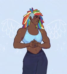 Size: 1850x2048 | Tagged: safe, artist:edasbeast, rainbow dash, human, g4, abs, alternate hairstyle, belly button, blue background, clothes, dark skin, dreadlocks, female, grin, humanized, lip bite, midriff, muscles, muscular female, nose piercing, nose ring, pants, piercing, rainbuff dash, simple background, smiling, solo, sports bra, sweatpants, underwear, wings
