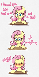 Size: 2016x3976 | Tagged: safe, artist:lou, derpibooru exclusive, fluttershy, pegasus, pony, g4, awkward moment, blushing, comic, cute, eyes closed, female, gray background, looking at you, mare, meme, monologue, one eye closed, shyabetes, simple background, talking, talking to viewer, wink, winking at you