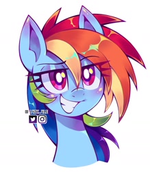 Size: 1530x1748 | Tagged: safe, alternate version, artist:l4zy_4le, rainbow dash, pegasus, pony, g4, blushing, bust, eye clipping through hair, eyebrows, eyebrows visible through hair, female, grin, lidded eyes, mare, simple background, smiling, solo, white background