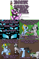 Size: 1602x2404 | Tagged: safe, artist:thedragenda, oc, changeling, earth pony, pony, unicorn, zebra, ask-acepony, comic, disguise, disguised changeling, female, horn, implied death, mare, nose piercing, nose ring, piercing