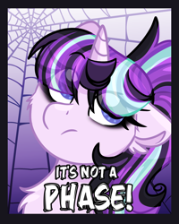 Size: 1200x1500 | Tagged: safe, artist:lbrcloud, starlight glimmer, pony, unicorn, g4, badge, chest fluff, ear fluff, edgelight glimmer, eye clipping through hair, eyebrows, eyebrows visible through hair, female, goth, gradient background, horn, horn cap, it's not a phase, mare, solo, spider web