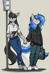 Size: 1410x2110 | Tagged: safe, artist:sinrar, dj pon-3, octavia melody, vinyl scratch, earth pony, unicorn, anthro, unguligrade anthro, g4, backwards ballcap, baseball cap, blushing, briefcase, brown background, bus stop, cap, cellphone, clothes, duo, ear piercing, earring, female, hat, holding hands, horn, jewelry, lesbian, looking up, mare, phone, piercing, ship:scratchtavia, shipping, simple background, smartphone, smiling, tail, tail wag, wholesome