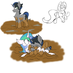 Size: 6000x6000 | Tagged: safe, artist:pzkratzer, king sombra, princess celestia, g4, butt, colored sketch, cute, dirty, duo, female, good king sombra, hug, looking back, lying down, male, mud, muddy, on back, plot, ship:celestibra, shipping, simple background, sketch, straight