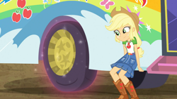 Size: 1280x720 | Tagged: safe, screencap, applejack, human, equestria girls, equestria girls series, g4, road trippin, arms, belt, boots, breasts, bust, clothes, collar, cowboy hat, denim skirt, freckles, happy, hat, implied twilight sparkle, legs, lifting, long hair, magic, ponytail, shirt, shoes, short sleeves, skirt, smiling, solo, super strength, teenager, tour bus, wheel