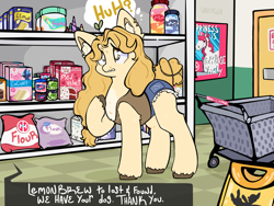 Size: 1400x1050 | Tagged: safe, artist:ghostyglue, oc, oc:lemonbrew, earth pony, pony, chat bubble, clothes, commission, confused, daisy dukes, ear piercing, earth pony oc, female, flour, hazel eyes, hmart, mare, piercing, shopping, shopping aisle, shopping cart, shorts, solo, sprout, tank top, thought bubble, unshorn fetlocks, wet floor sign, ych result, yellow fur