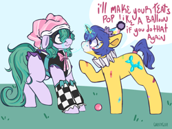 Size: 1400x1050 | Tagged: safe, artist:ghostyglue, oc, oc only, oc:wildcard, unnamed oc, earth pony, pony, unicorn, bandaid, blue hair, clown, clown makeup, clown nose, duo, earth pony oc, female, frightened, grass, grass field, hat, horn, magic, mare, mask, party hat, purple fur, red nose, teal hair, threat, threatening, unicorn oc, yellow fur