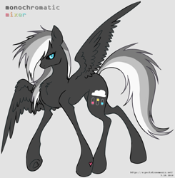 Size: 730x746 | Tagged: safe, artist:expectationemesis, derpibooru exclusive, oc, oc only, oc:monochromatic mixer, pegasus, pony, black sclera, blue eyes, concave belly, female, full body, hoof heart, lanky, looking at you, mare, no mouth, pegasus oc, skinny, solo, spread wings, standing, tall, thin, thin legs, tri-color mane, tri-color tail, underhoof, wings