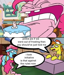 Size: 861x1000 | Tagged: safe, artist:jargon scott, carrot cake, cup cake, pinkie pie, earth pony, pony, g4, bucktooth, cake, comic, dialogue, eyes closed, female, food, krusty krab, male, mare, meme, open mouth, reference, speech bubble, spongebob squarepants, stallion, sugarcube corner, the cakes, trio