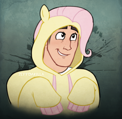 Size: 818x794 | Tagged: safe, artist:zeffdakilla, part of a set, fluttershy, human, g4, bust, clothes, fluttershy hoodie, gradient background, hoodie, looking up, medic, medic (tf2), pony hoodie, raised arm, smiling, solo, team fortress 2