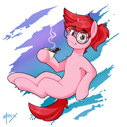 Size: 4000x4000 | Tagged: safe, artist:supermoix, oc, oc:basura, pony, unicorn, belly, coffee, coffee mug, cute, floating, glasses, heterochromia, horn, looking at you, mug, red eyes, red hair, redhead, simple background, smiling, solo, vapor
