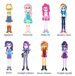 Size: 1872x1920 | Tagged: safe, artist:brokenadam, applejack, fluttershy, pinkie pie, rainbow dash, rarity, sci-twi, starlight glimmer, sunset shimmer, twilight sparkle, human, equestria girls, g4, my little pony equestria girls: better together, clothes, converse, female, humane five, humane seven, humane six, monotype corsiva font, one of these things is not like the others, pantyhose, rarity peplum dress, shoes, simple background, skirt, white background