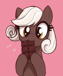 Size: 1830x2200 | Tagged: safe, artist:t72b, derpibooru exclusive, oc, oc only, oc:savory truffle, earth pony, pony, chocolate, cute, eating, female, food, herbivore, hoof hold, mare, nom, ocbetes, pink background, simple background, solo