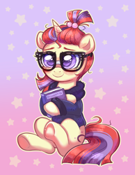 Size: 2735x3533 | Tagged: safe, artist:confetticakez, moondancer, pony, unicorn, g4, abstract background, book, clothes, colored eyebrows, cute, dancerbetes, eyebrows, female, glasses, gradient background, high res, hoodie, horn, looking at you, mare, meganekko, pumkinroll is trying to murder us, sitting, smiling, smiling at you, solo, stars, underhoof